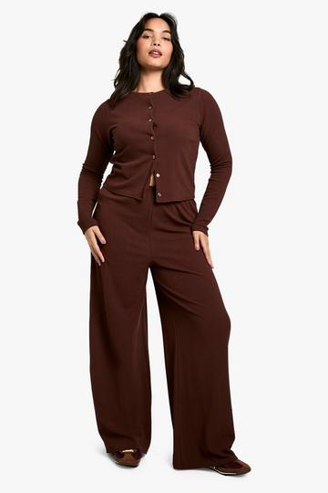 plus crinkle cardigan and wide leg trouser co-ord chocolate