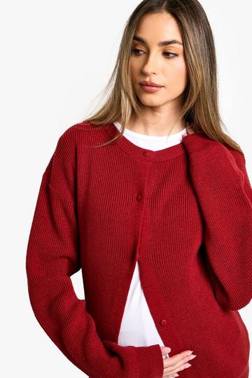 Burgundy Red Maternity Fine Knit Crew Neck Cardigan