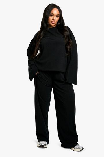 Plus Long Sleeve & Wide Leg Trouser Co Ord black