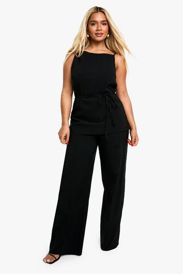 Plus Top Met Ceintuur En Wide Leg Broek Set black