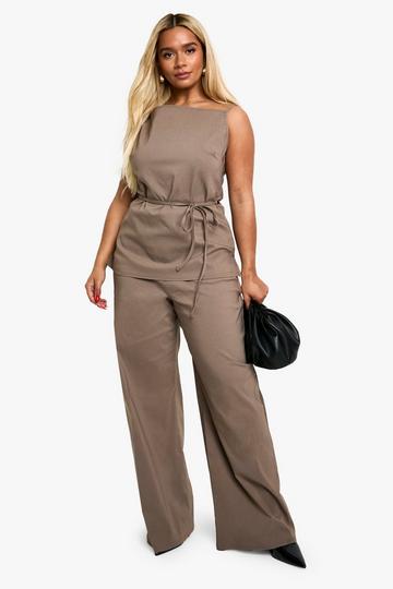 Plus Top Met Ceintuur En Wide Leg Broek Set mocha