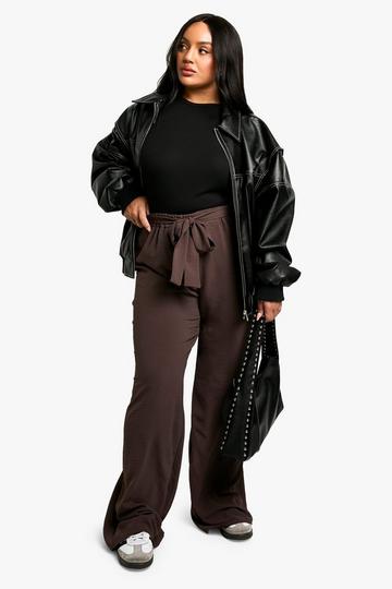 Plus Woven Textured Belted Wide Leg Trousers chocolate