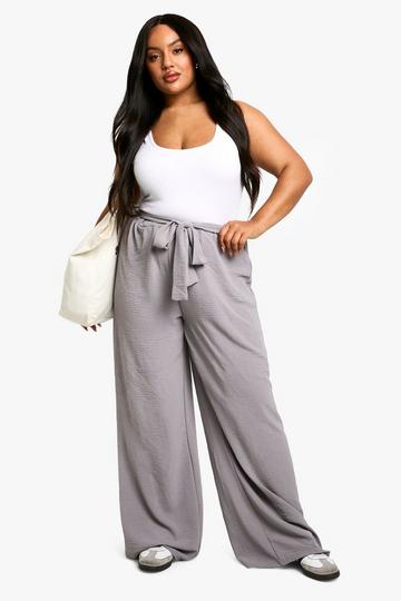 Plus Woven Textured Belted Wide Leg Trousers grey