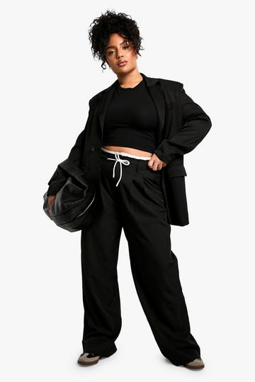 Plus Fray Hem Double Waistband Wide Leg Woven Pants black