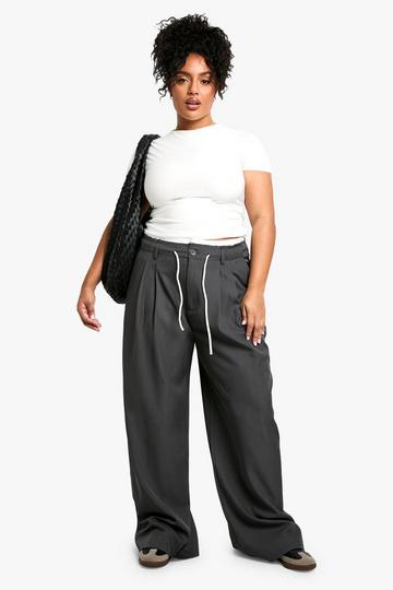 Plus Geweven Wide Leg Broek Met Gerafelde Zoom En Dubbele Tailleband charcoal