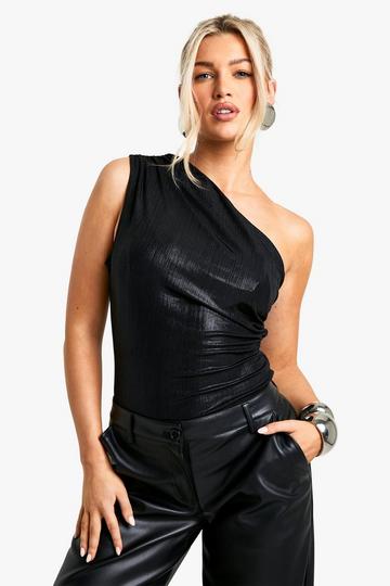 Geplooide Metallic Geribbelde Bodysuit Met Eén Blote Schouder black