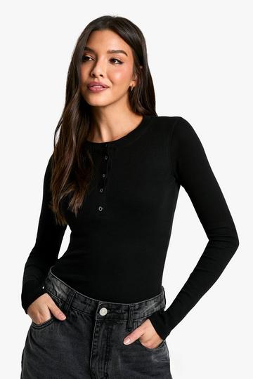 Black Popper Front Rib Long Sleeve Top