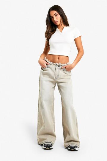 Grey Petite Raw Waistband Wide Leg Jeans