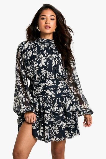 Petite Mono Floral High Neck Skater Dress blackwhite