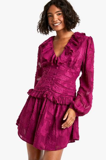 Tall Floral Burnout Ruffle Plunge Ruched Skater Dress plum