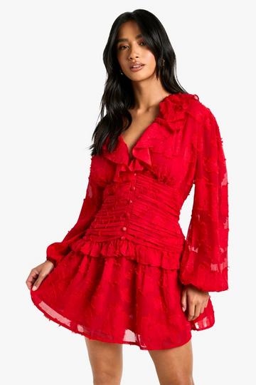 Petite Floral Burnout Ruffle Plunge Ruched Skater Dress red