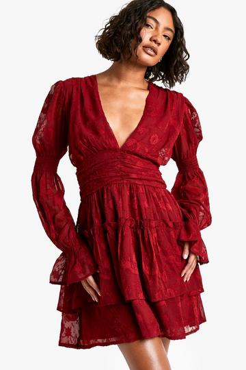 Tall Paisley Burnout Puff Sleeve Ruched Skater Dress red