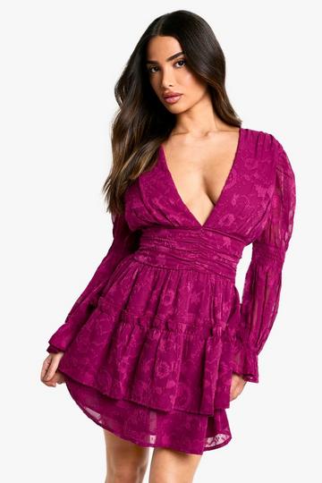 Petite Paisley Burnout Puff Sleeve Ruched Skater Dress plum