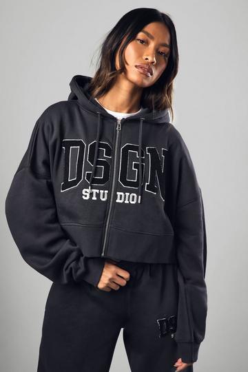 DSGN Towelling Applique Zip Through Boxy Crop Hoodie charcoal