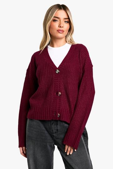 Red V Neck Rib Knit Cardigan In Burgundy