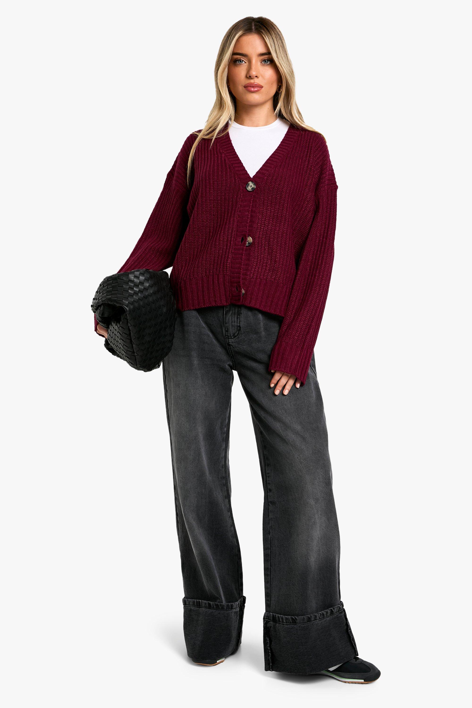 V Neck Rib Knit Cardigan In Burgundy | boohoo USA