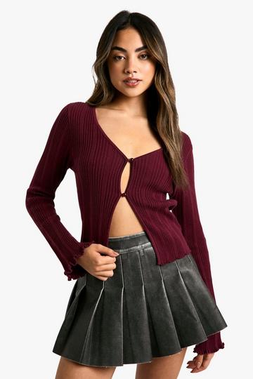 Red Open Front Rib Cardigan With Button Detail In Burgundy