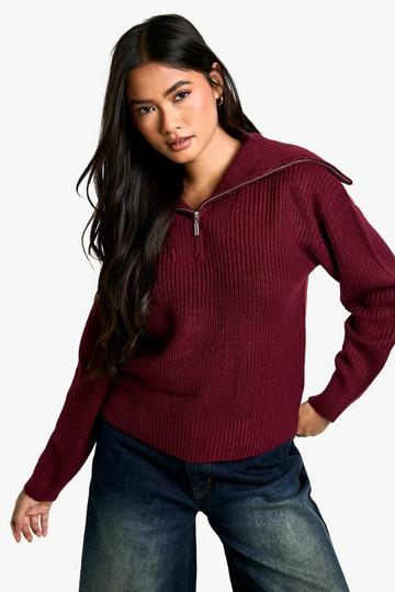 Red Zip Neck Jumper In Burgundy