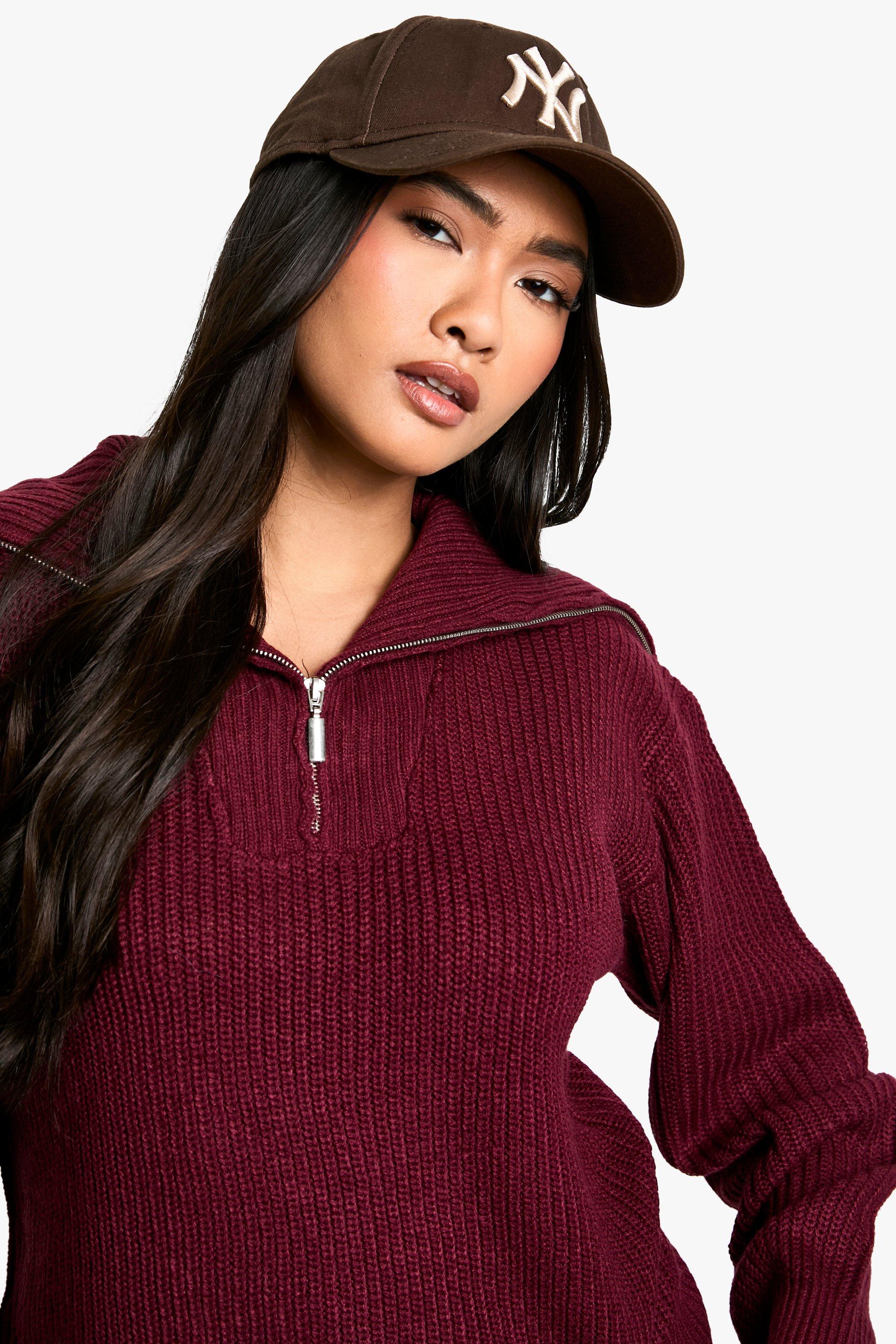 Zip Neck Jumper In Burgundy boohoo UK