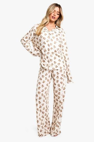 Bear Print Long Sleeve Trouser Pyjama Set brown