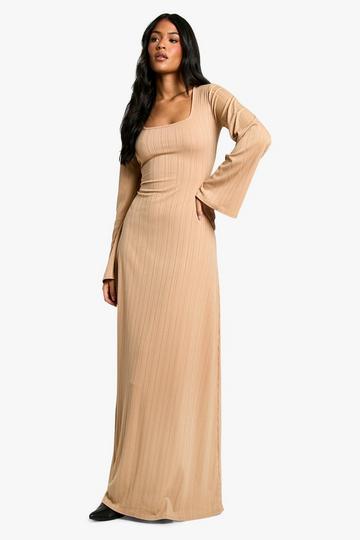 Camel Beige Tall Geribbelde Maxi Jurk Met Veters En Wijde Mouwen