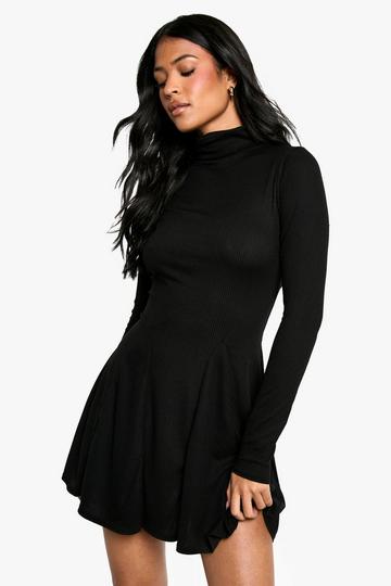 Tall Roll Neck Godet Hem Rib Skater Dress black