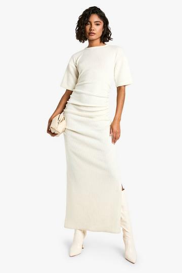 Ivory White Tall Ruched Soft Rib Maxi Dress