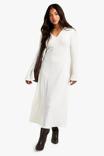 Petite Wide Rib Flare Sleeve Midi Dress ivory