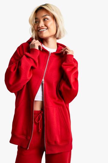 Oversized Double Zip Through Hoodie red