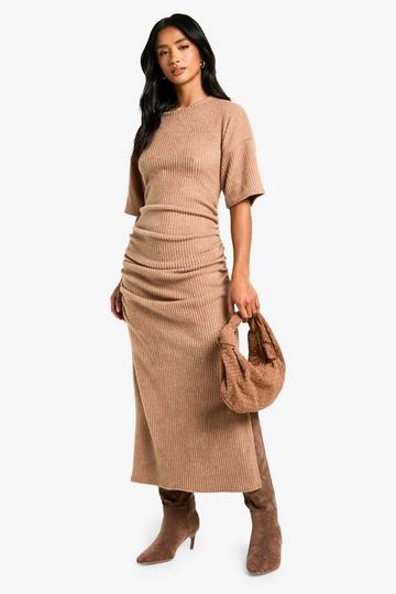 Camel Beige Petite Geplooide Zachte Geribbelde Maxi Jurk