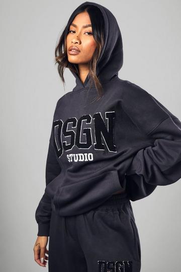 Charcoal Grey DSGN Towelling Applique Oversized Hoodie