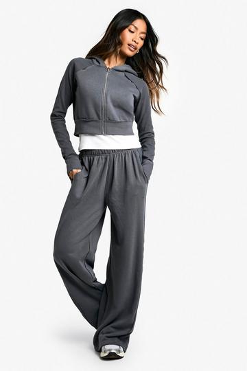 Waffle Insert Shrunken Zip Through Hoodie And Straight Leg Jogger Set charcoal