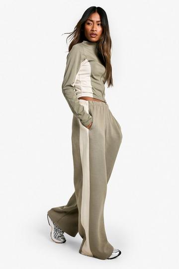 Color Block Zip Through Long Sleeve Top And Straight Leg Sweatpant Set washed khaki