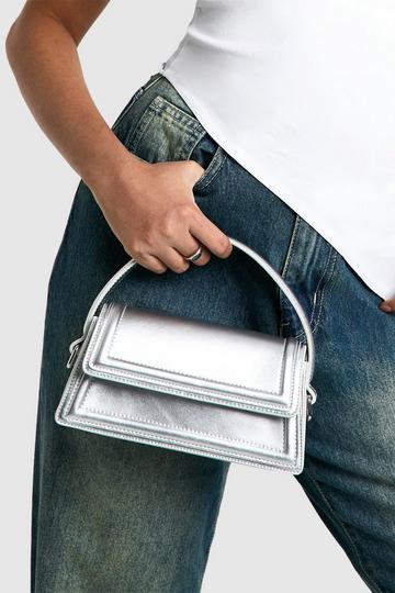 Metallic Silver Flapover Structured Grab Bag silver