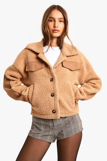 Teddy Detail Wool Look Jacket camel