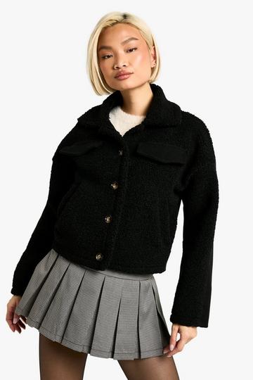 Black Teddy Detail Wool Look Jacket