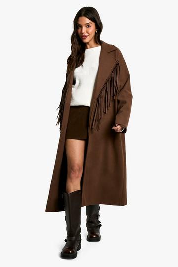 Fringe Detail Wool Look Maxi Coat chocolate