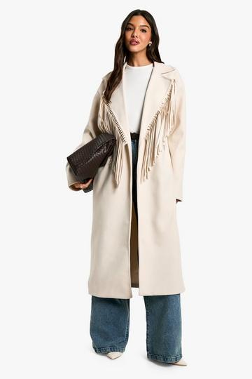 Fringe Detail Wool Look Maxi Coat stone