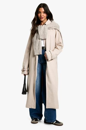 Belted Herringbone Wool Look Coat stone