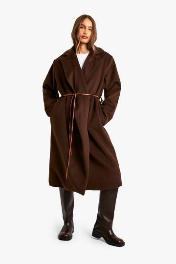 Brown Faux Leather Belt Wool Look Coat