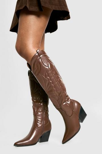 Knee High Embroidered Western Boots brown