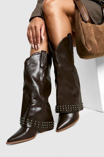 Studded Foldover Western Cowboy Boots brown