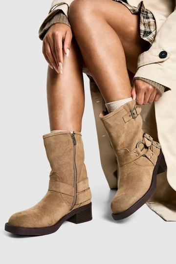 Faux Suede Buckle Detail Boot khaki