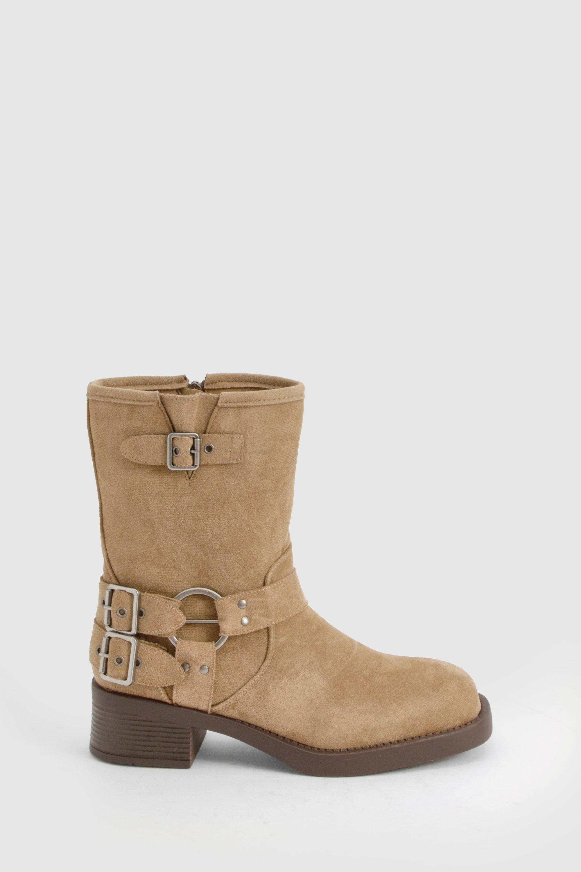 【INCHANT ME】Edith Belt Suede Boots Faux Suede Buckle Detail Boot | boohoo