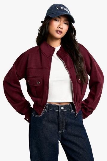 Burgundy Red Pocket Detail Bomber Jacket