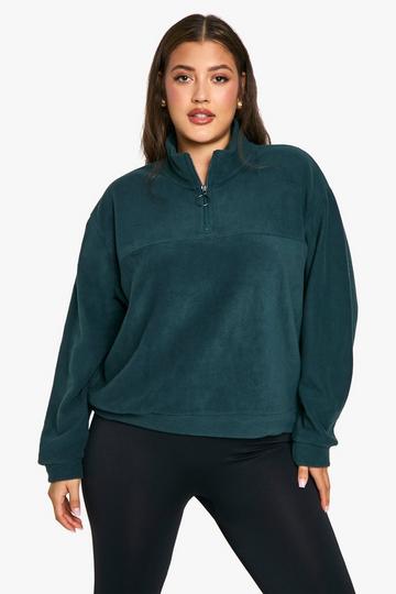 Plus Fleece Trui Met Middellange Rits dark green