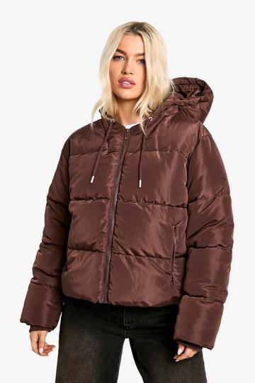 Chocolate Brown Hooded Short Puffer