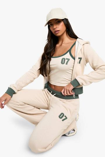 Stone Beige Applique Contrast 3 Piece Hooded Tracksuit