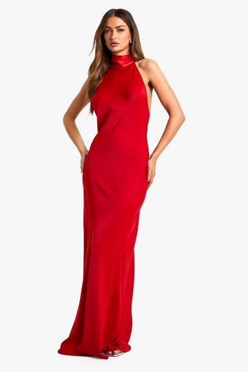 Red Satin Halterneck Maxi Dress