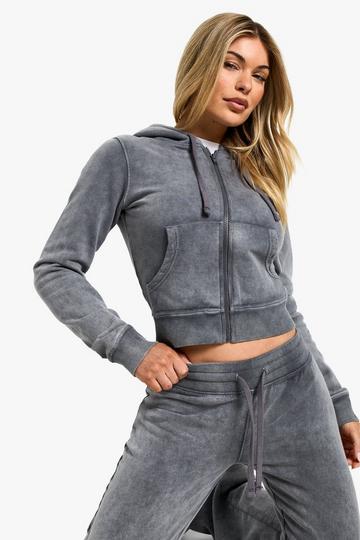 WASHED SHRUNKEN ZIP THROUGH FITTED HOODIE charcoal